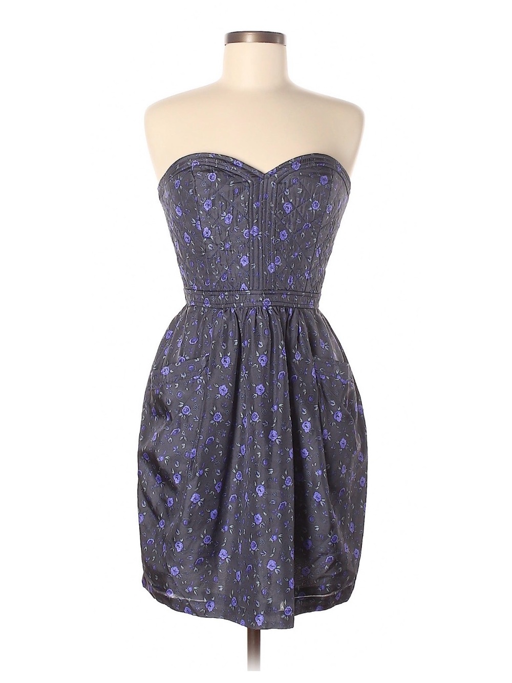 Rebecca Taylor Silk Strapless Gray & Floral Fit-and-Flare Dress with pockets